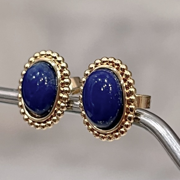 Genuine Lapis Lazuli Gold Stud Earrings - Picture 3 of 6